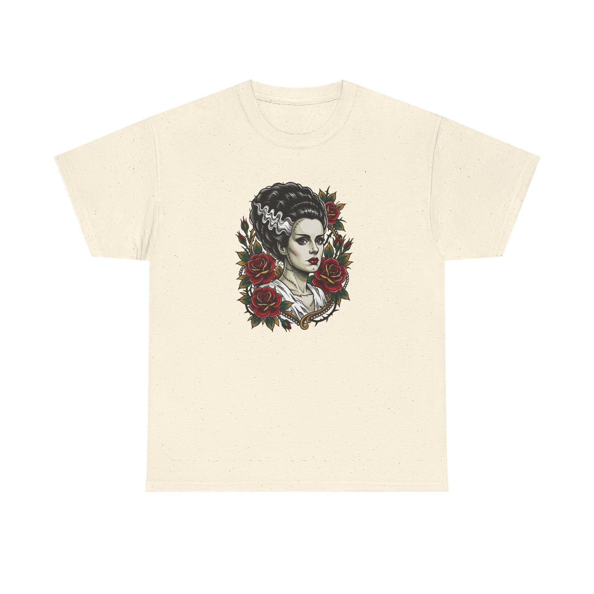 Bride of Frankenstein Tee — Gothic Portrait with Red Roses