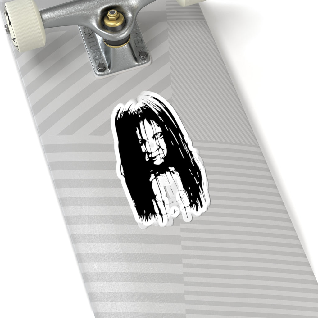 Creepy Girl Horror Sticker — Scary Black & White Kiss-Cut Decal for Laptops, Skateboards & Halloween