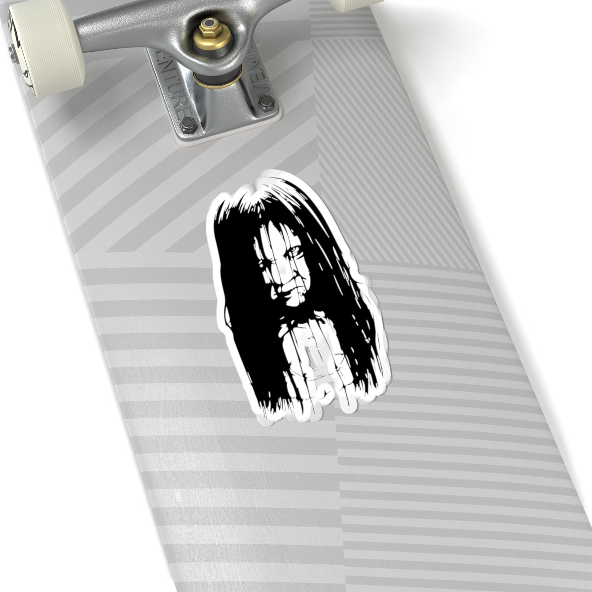 Creepy Girl Horror Sticker — Scary Black & White Kiss-Cut Decal for Laptops, Skateboards & Halloween