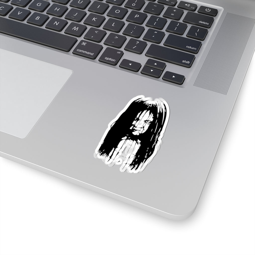 Creepy Girl Horror Sticker — Scary Black & White Kiss-Cut Decal for Laptops, Skateboards & Halloween