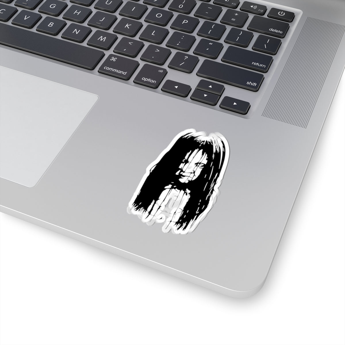 Creepy Girl Horror Sticker — Scary Black & White Kiss-Cut Decal for Laptops, Skateboards & Halloween