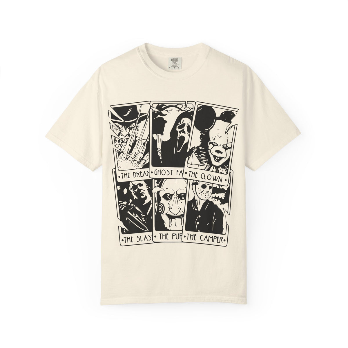Horror Comic Panel T-Shirt — "The Dream, Ghost, Clown, Slasher, Puppet, Camper" Graphic Tee