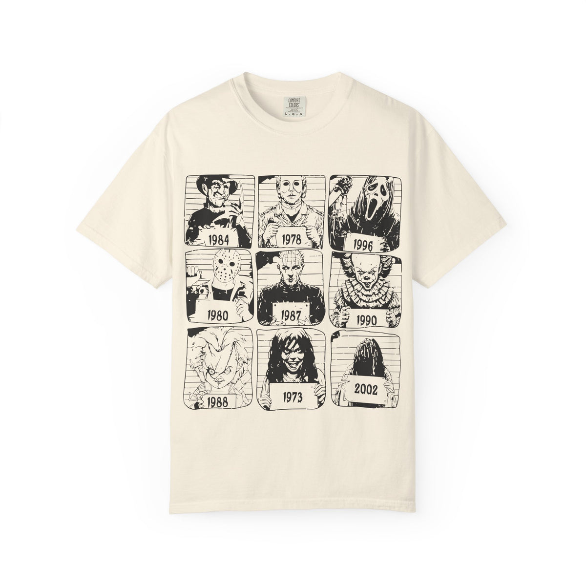 Horror Manga Years Grid T-Shirt — Vintage Anime Faces 1973–2002