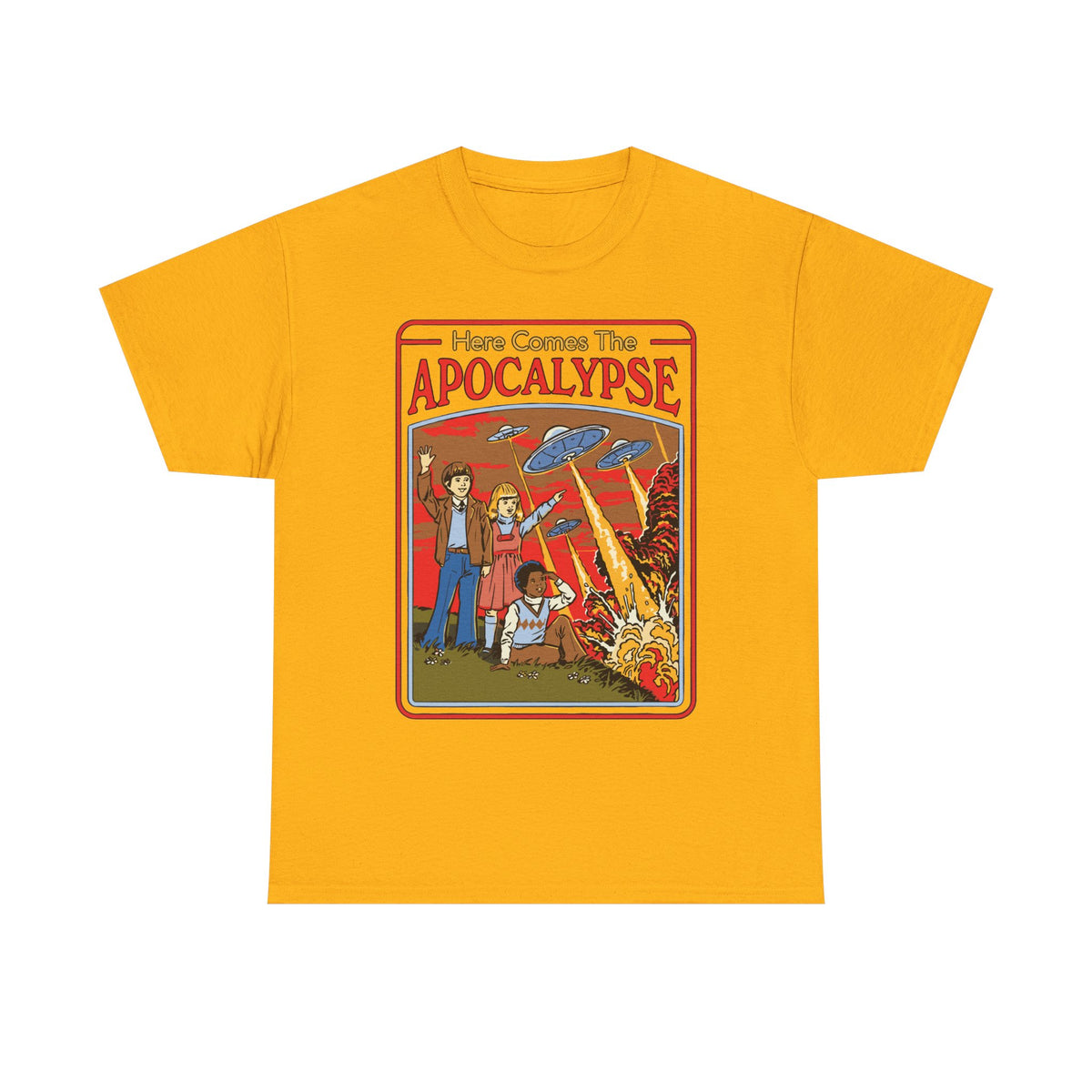 Apocalypse Comic Tee — "Here Comes The Apocalypse" Retro UFO Graphic Shirt