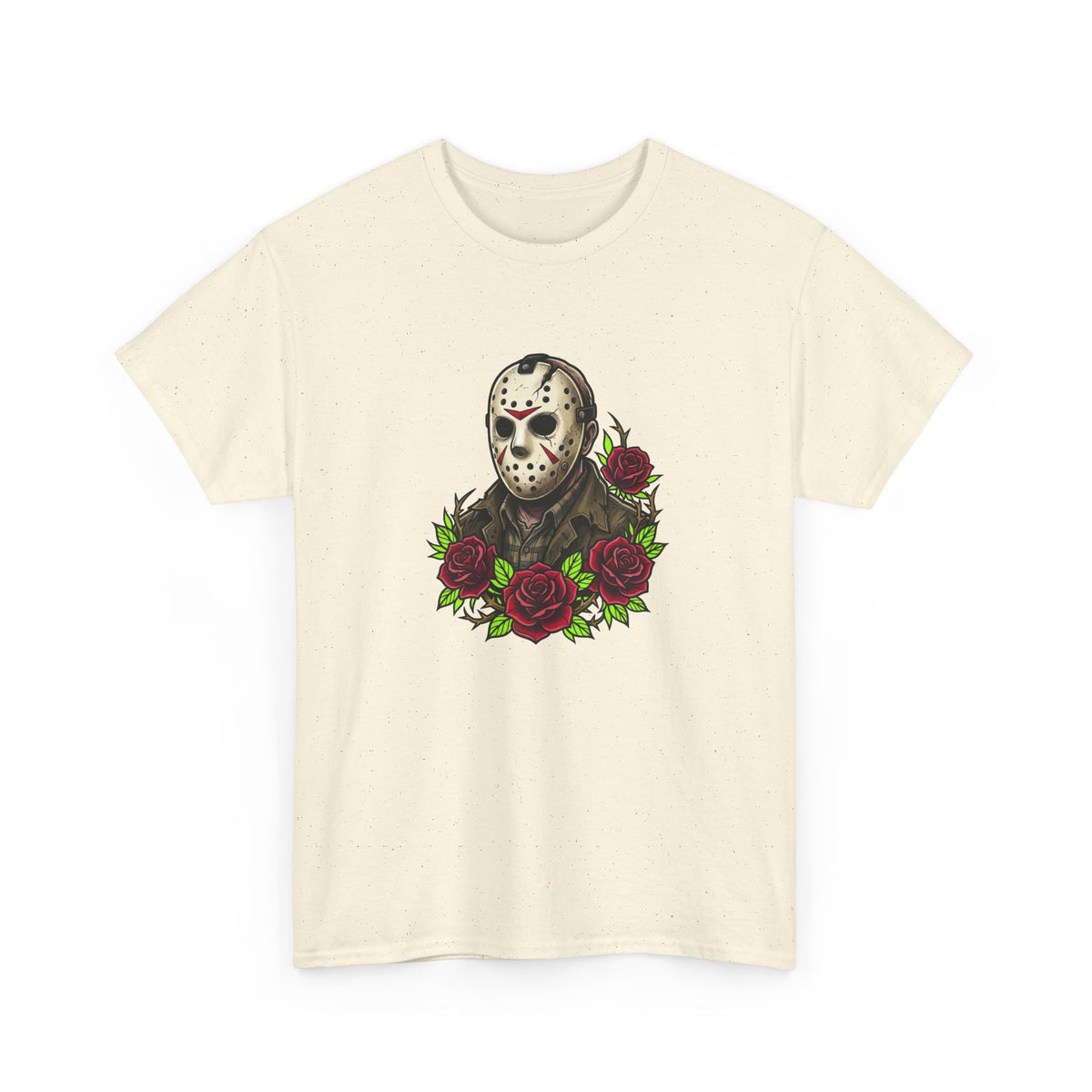 Horror Mask & Roses Tee — Jason-Inspired Skull Mask Graphic T-Shirt for Horror Fans