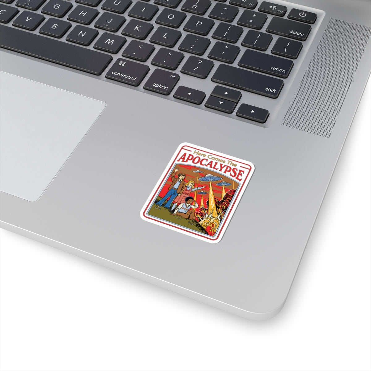Here Comes the Apocalypse Sticker — Retro UFO & Explosion Kiss-Cut Decal