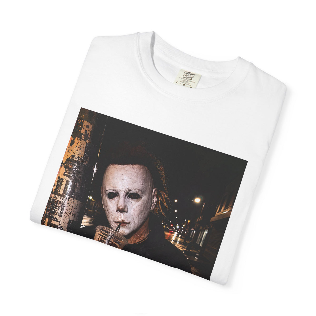 Horror Mask Photo T-Shirt — Michael-Style Mask Drinking Design