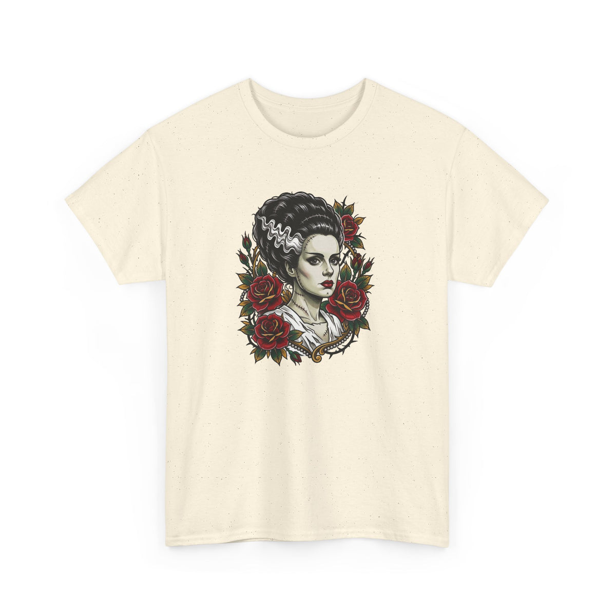 Bride of Frankenstein Tee — Gothic Portrait with Red Roses