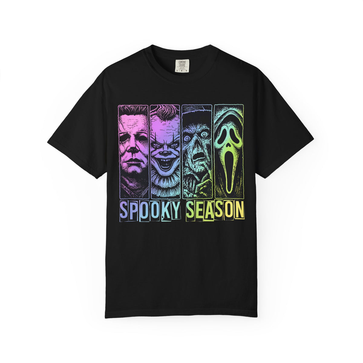 Spooky Season Horror Icons T-Shirt — Neon Slasher Mask Tee