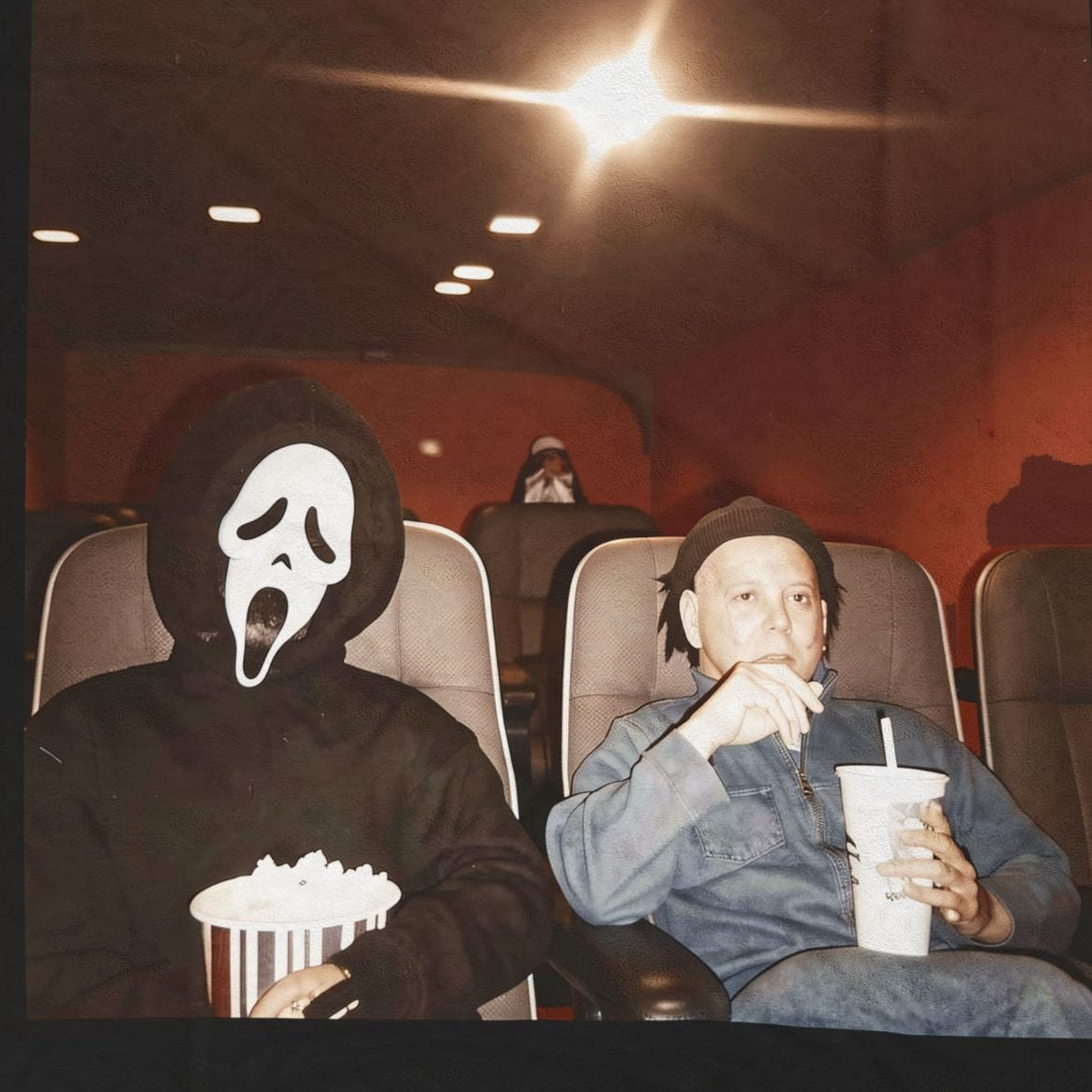 Horror Movie Night Velveteen Plush Blanket – Scream Mask Popcorn Design