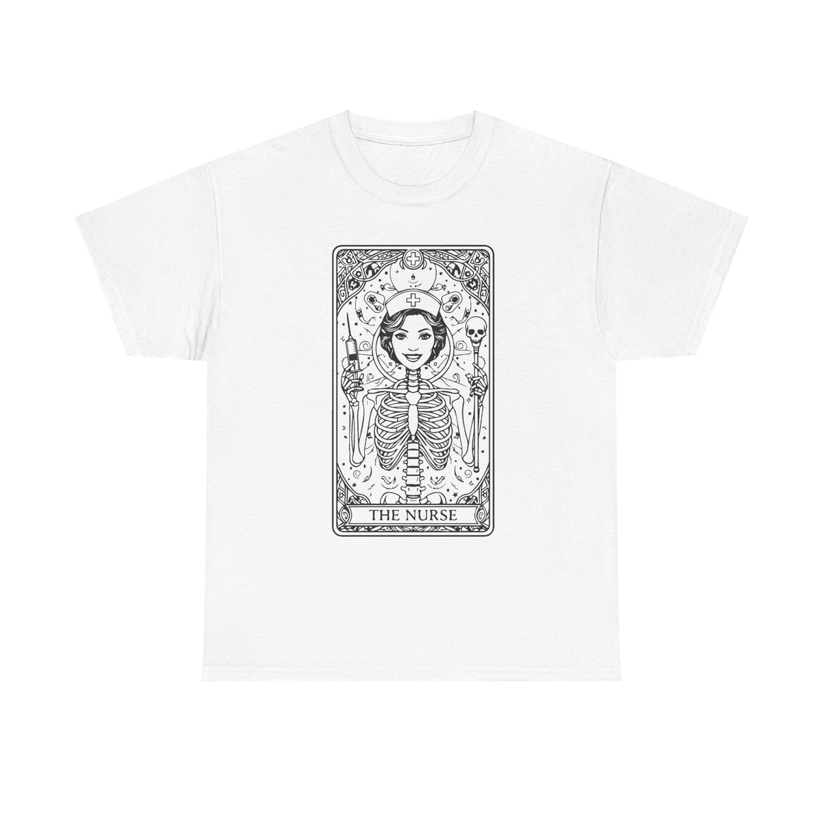 Tarot Nurse Graphic Tee — 'The Nurse' Skeleton Card T-Shirt