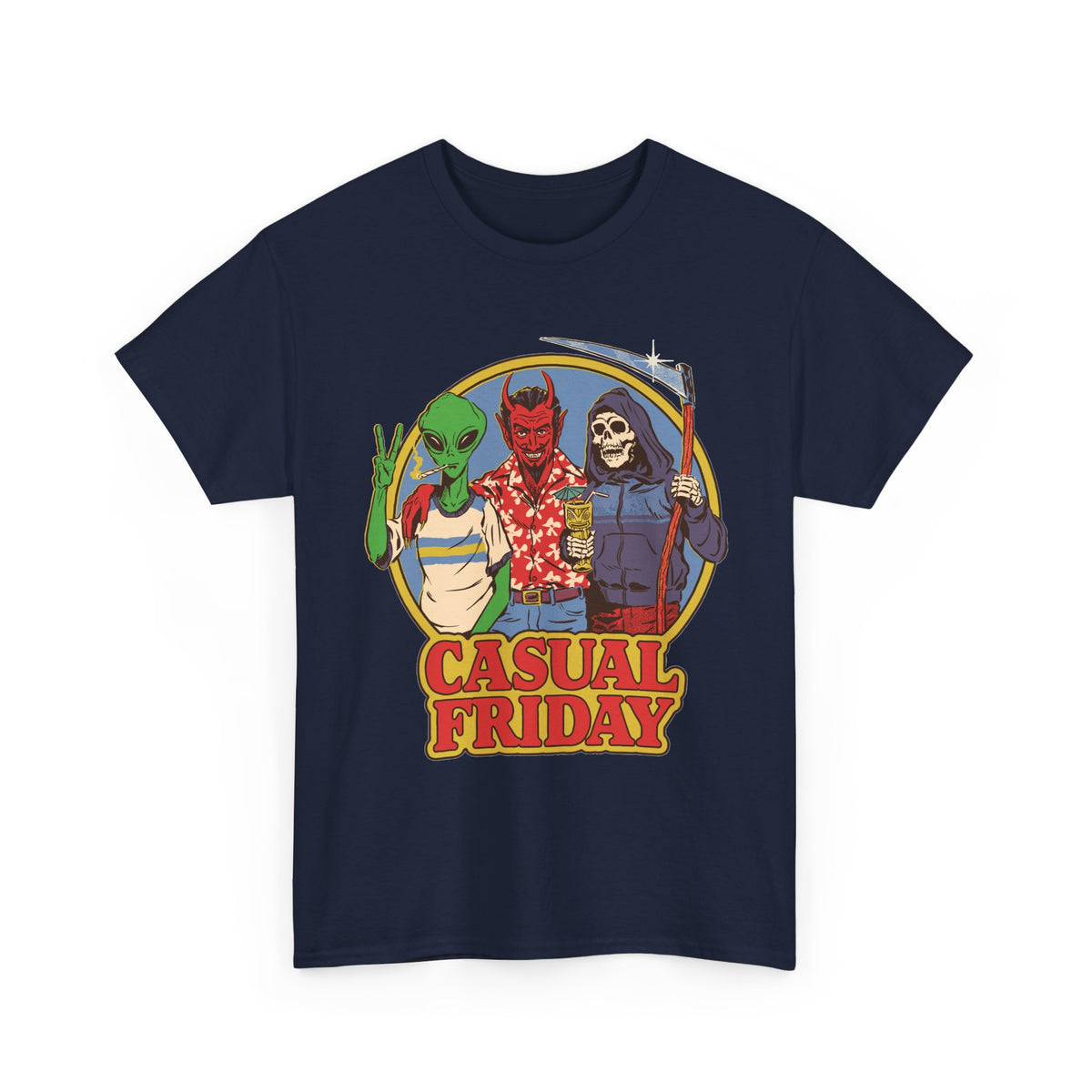 Casual Friday Tee — Alien, Devil & Grim Reaper Retro Graphic Shirt