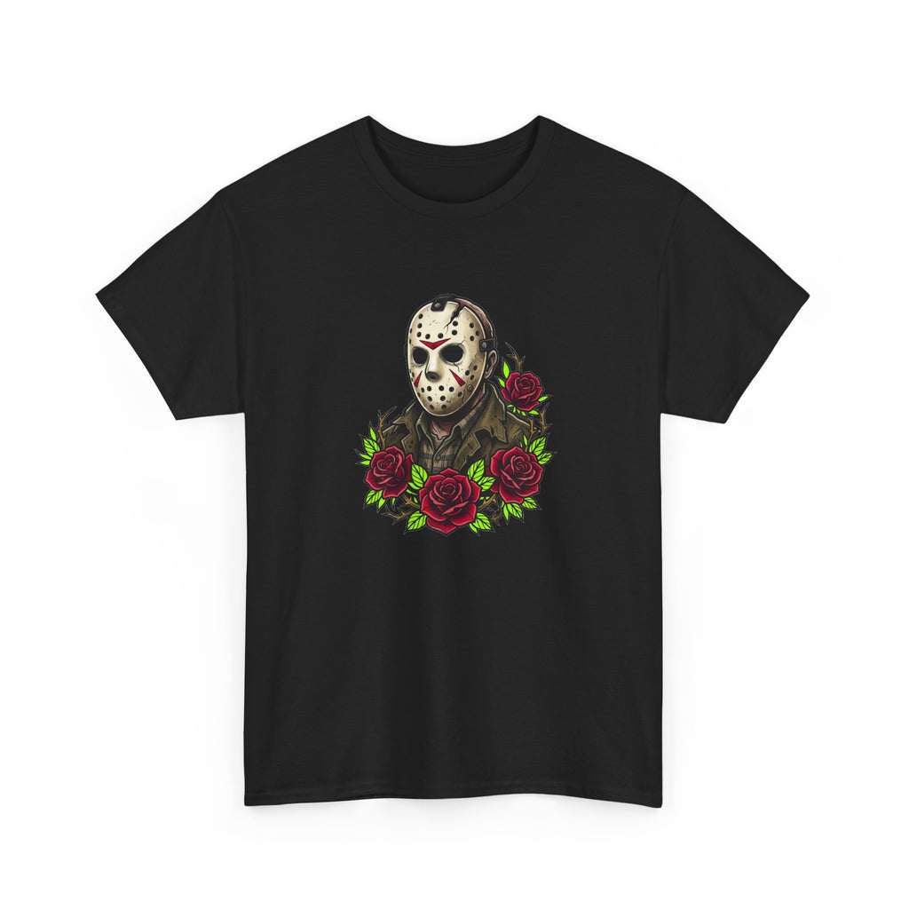 Horror Mask & Roses Tee — Jason-Inspired Skull Mask Graphic T-Shirt for Horror Fans