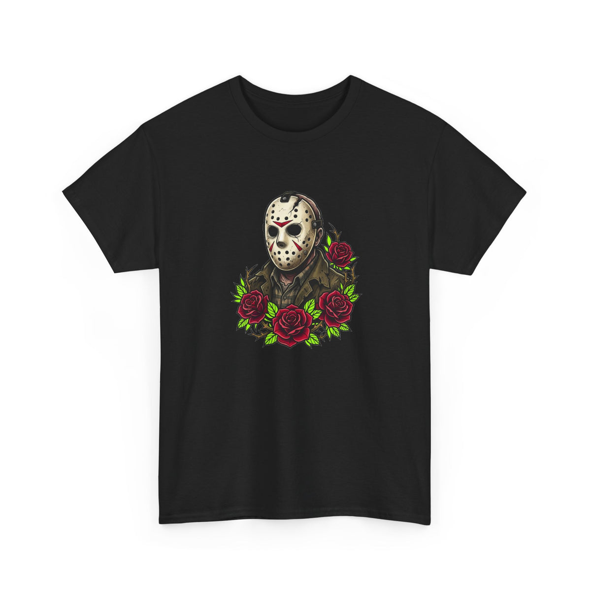 Horror Mask & Roses Tee — Jason-Inspired Skull Mask Graphic T-Shirt for Horror Fans