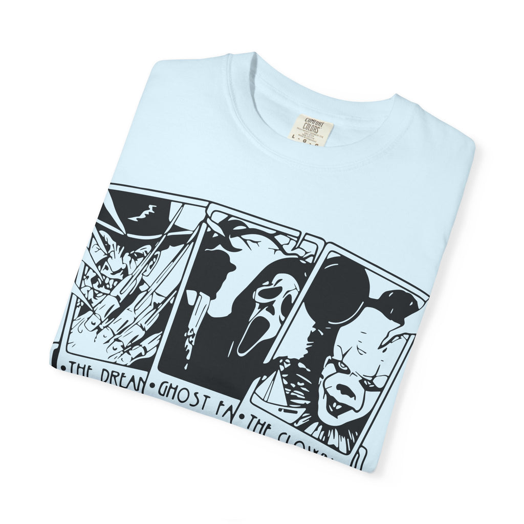 Horror Comic Panel T-Shirt — "The Dream, Ghost, Clown, Slasher, Puppet, Camper" Graphic Tee