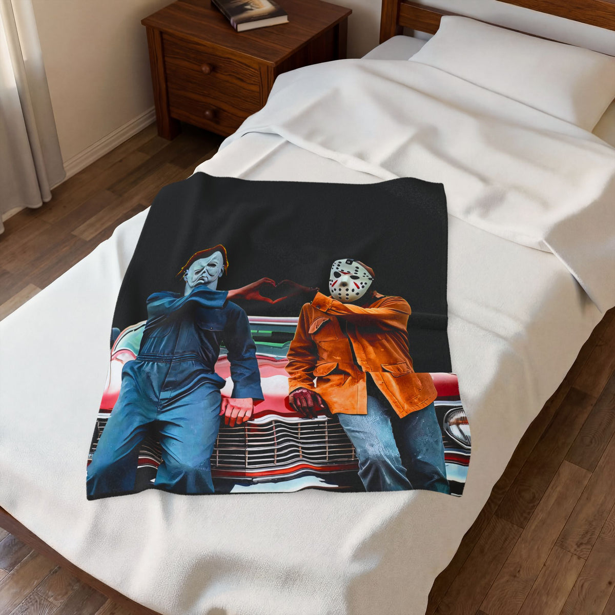 Horror Duo Velveteen Plush Blanket – Michael Myers & Jason Heart Pose Throw