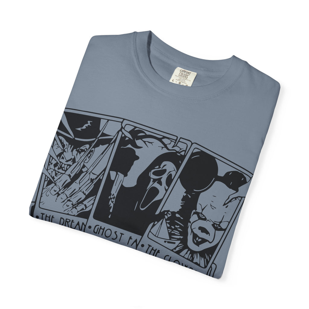 Horror Comic Panel T-Shirt — "The Dream, Ghost, Clown, Slasher, Puppet, Camper" Graphic Tee