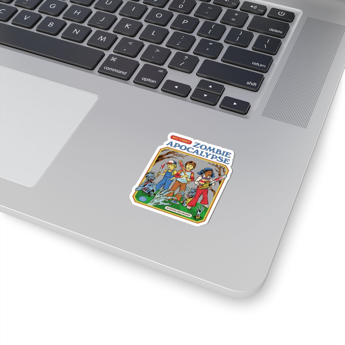 Kiss-Cut StickersProduct Type: StickerTitle: “My First Zombie Apocalypse” Kiss-Cut Sticker — Retro Kids’ Horror Book Cover Design