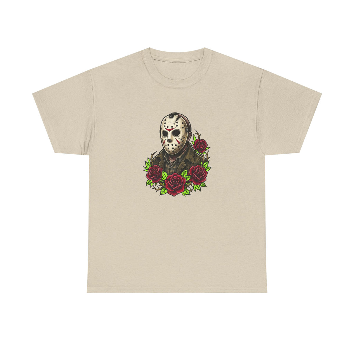 Horror Mask & Roses Tee — Jason-Inspired Skull Mask Graphic T-Shirt for Horror Fans