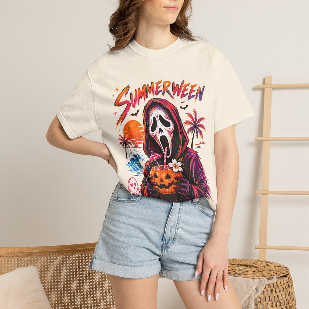 Summerween T-Shirt — Retro Horror Scream Mask Pumpkin Tee