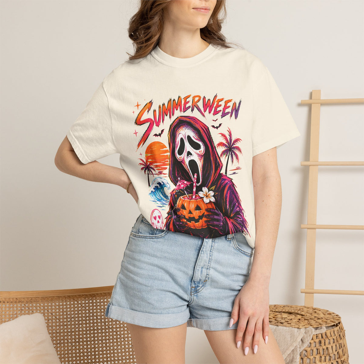 Summerween T-Shirt — Retro Horror Scream Mask Pumpkin Tee