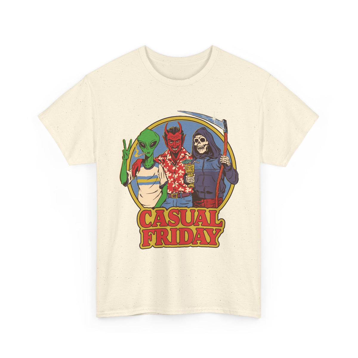 Casual Friday Tee — Alien, Devil & Grim Reaper Retro Graphic Shirt
