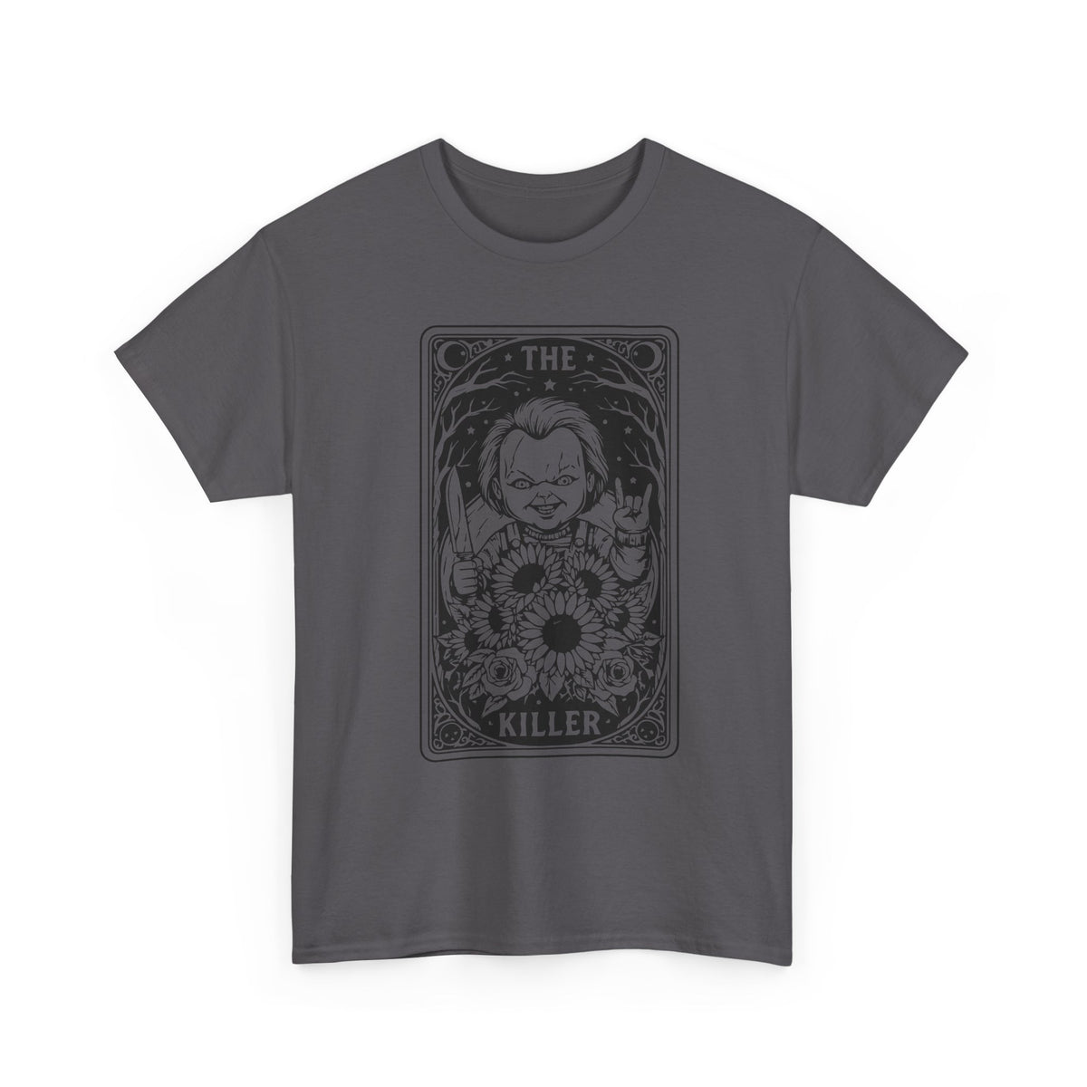 Killer Tarot Tee — Black & White Occult Sunflower Graphic T-Shirt
