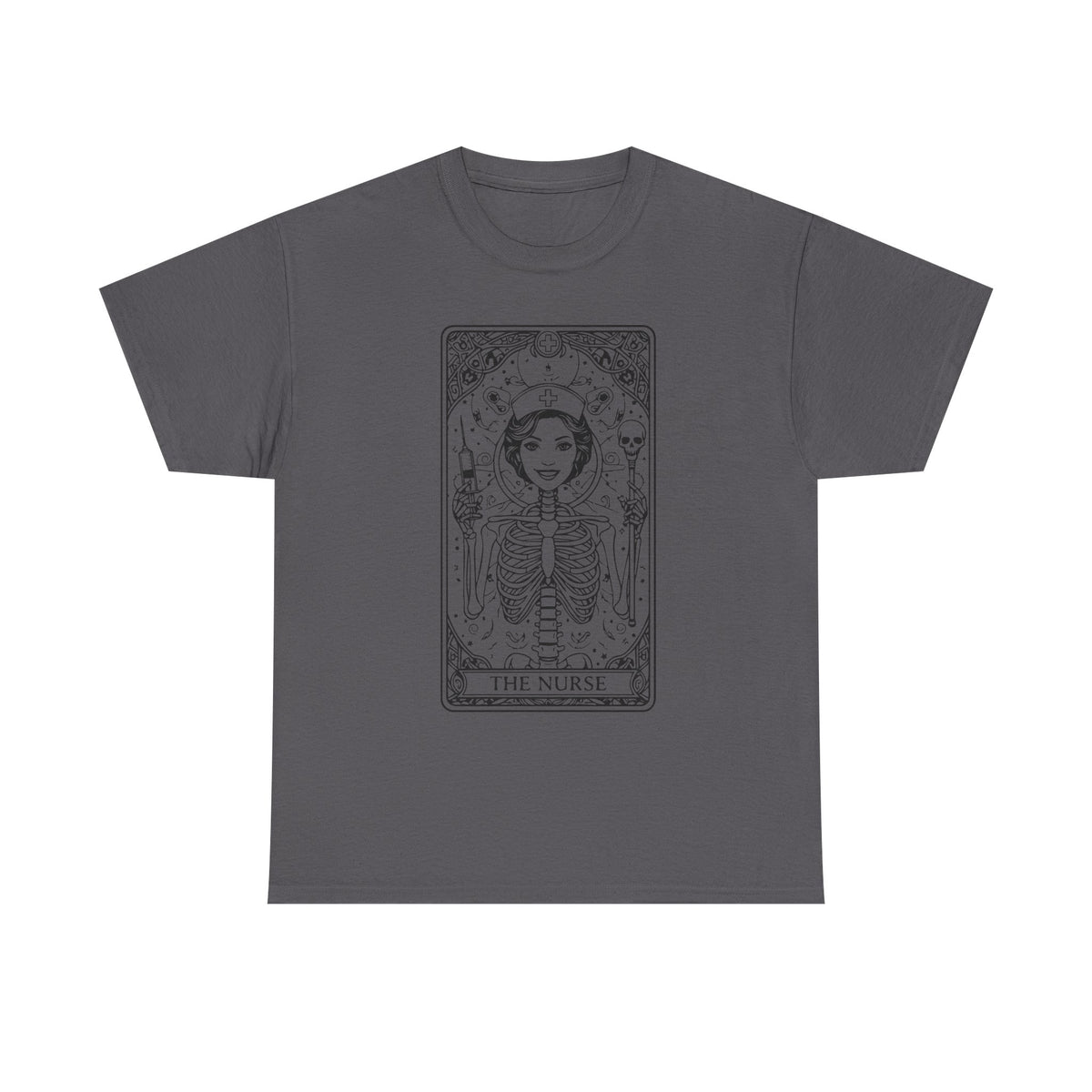 Tarot Nurse Graphic Tee — 'The Nurse' Skeleton Card T-Shirt