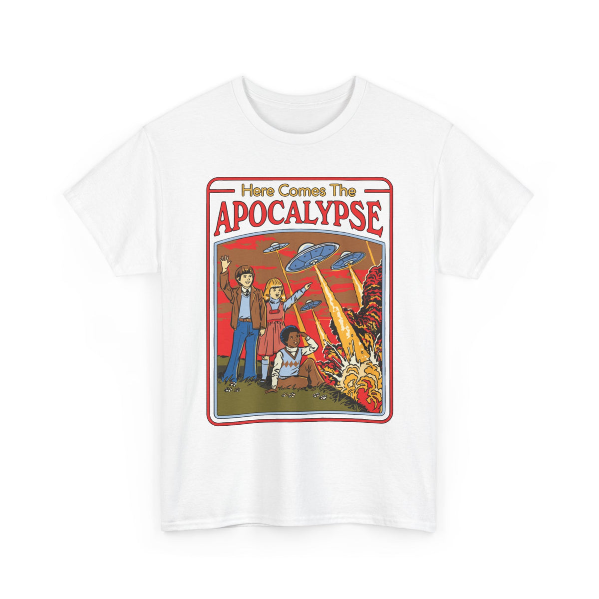 Apocalypse Comic Tee — "Here Comes The Apocalypse" Retro UFO Graphic Shirt