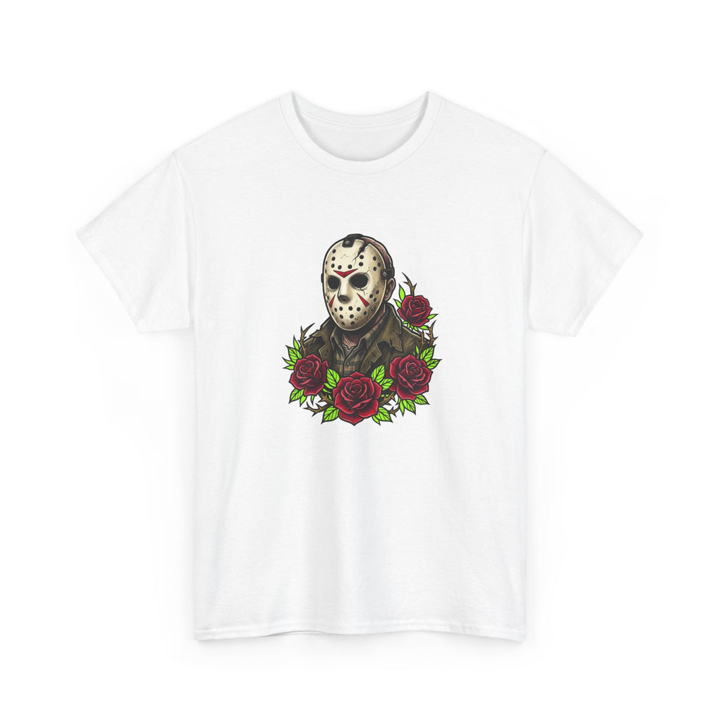 Horror Mask & Roses Tee — Jason-Inspired Skull Mask Graphic T-Shirt for Horror Fans