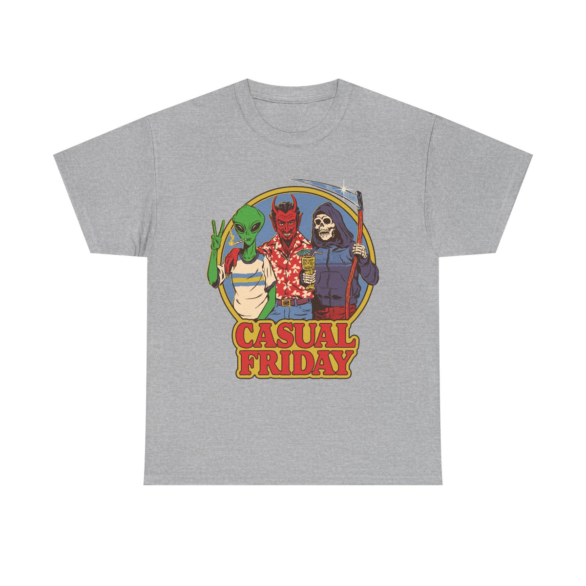 Casual Friday Tee — Alien, Devil & Grim Reaper Retro Graphic Shirt