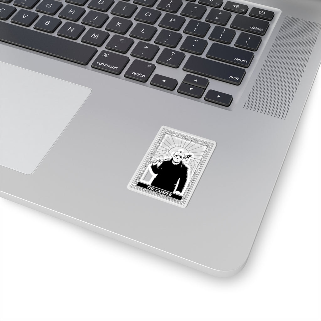 Horror Camper Kiss-Cut Sticker — Jason-Style Camping Tarot Design