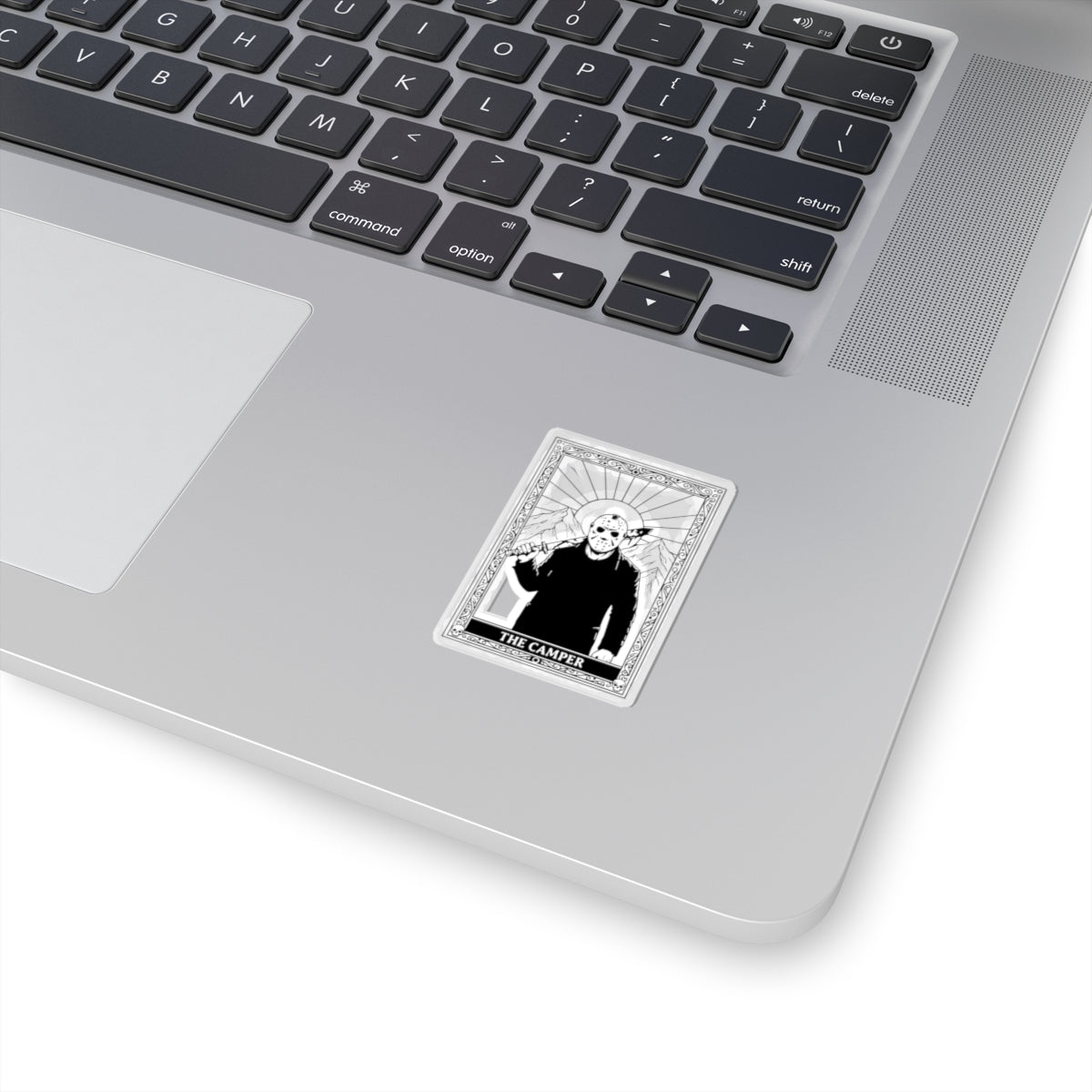 Horror Camper Kiss-Cut Sticker — Jason-Style Camping Tarot Design