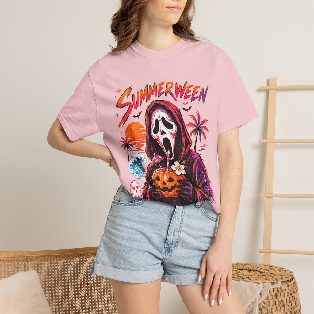Summerween T-Shirt — Retro Horror Scream Mask Pumpkin Tee