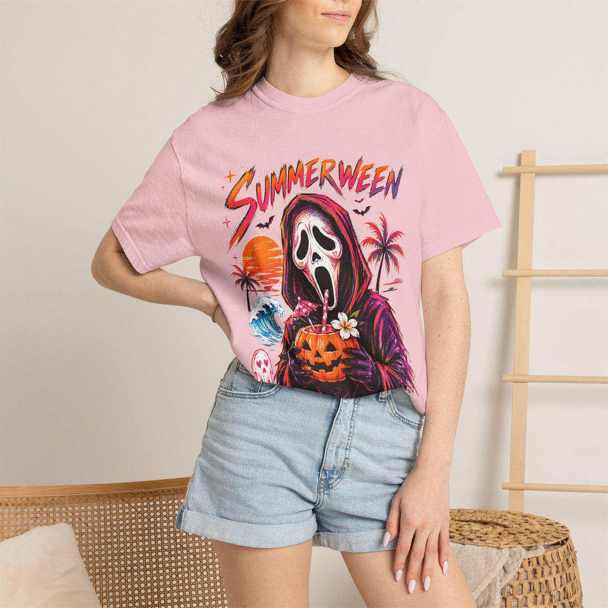Summerween T-Shirt — Retro Horror Scream Mask Pumpkin Tee