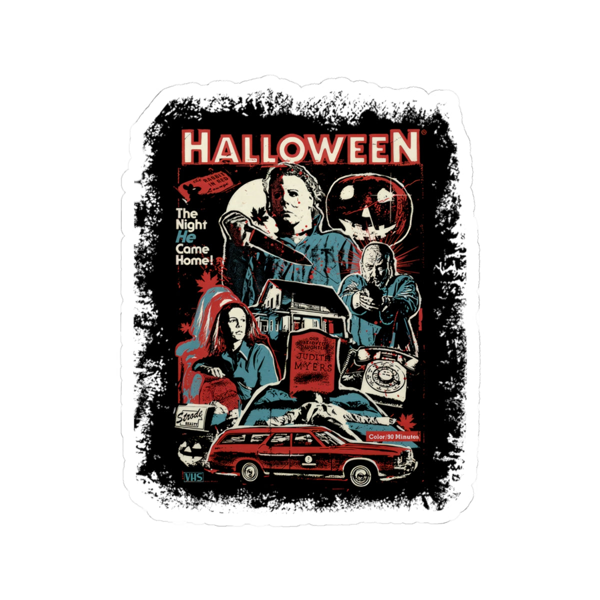 Halloween Horror Collage Kiss-Cut Sticker — Michael Myers Retro Movie Poster Design