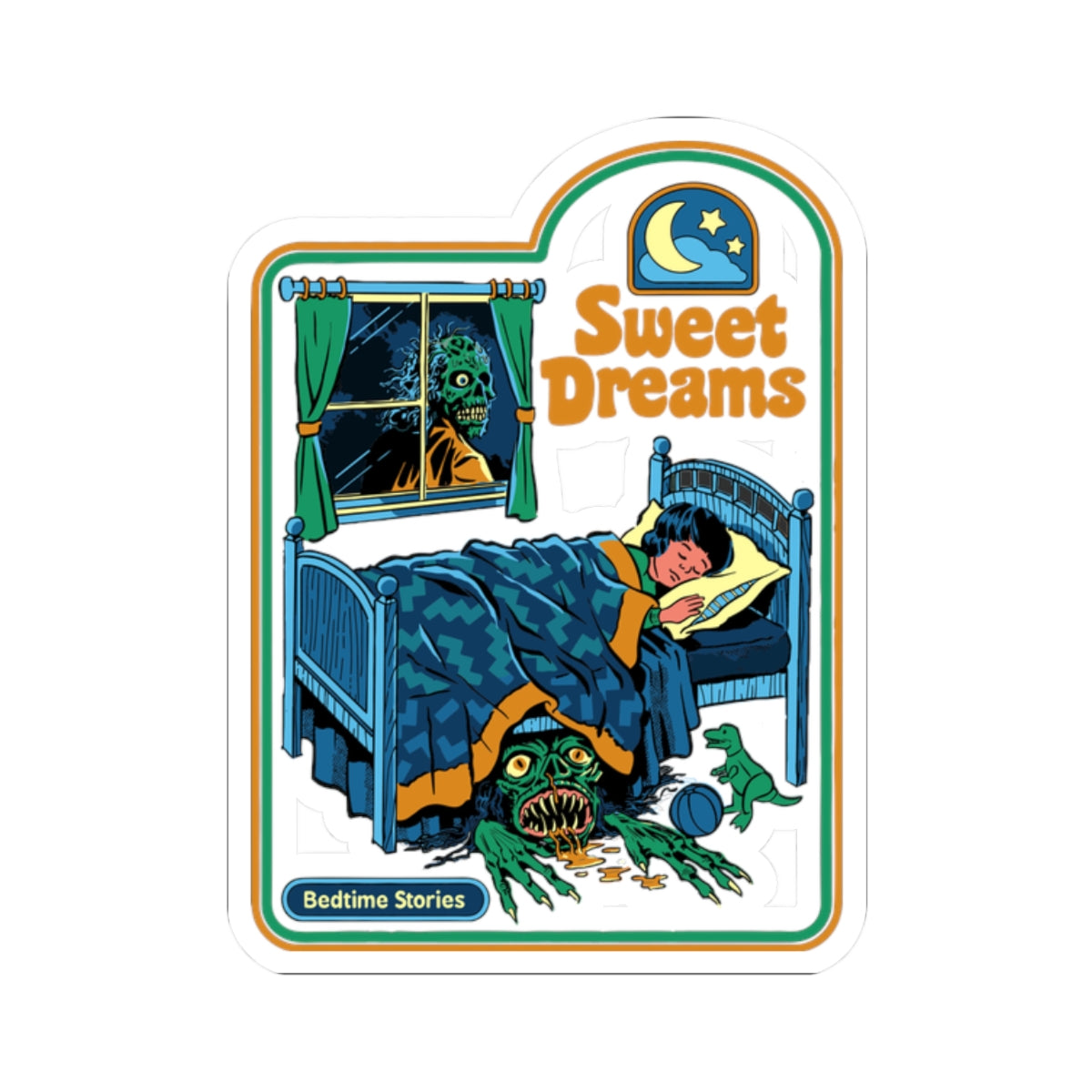 Sweet Dreams Horror Sticker — Retro Bedtime Monster Kiss-Cut Sticker