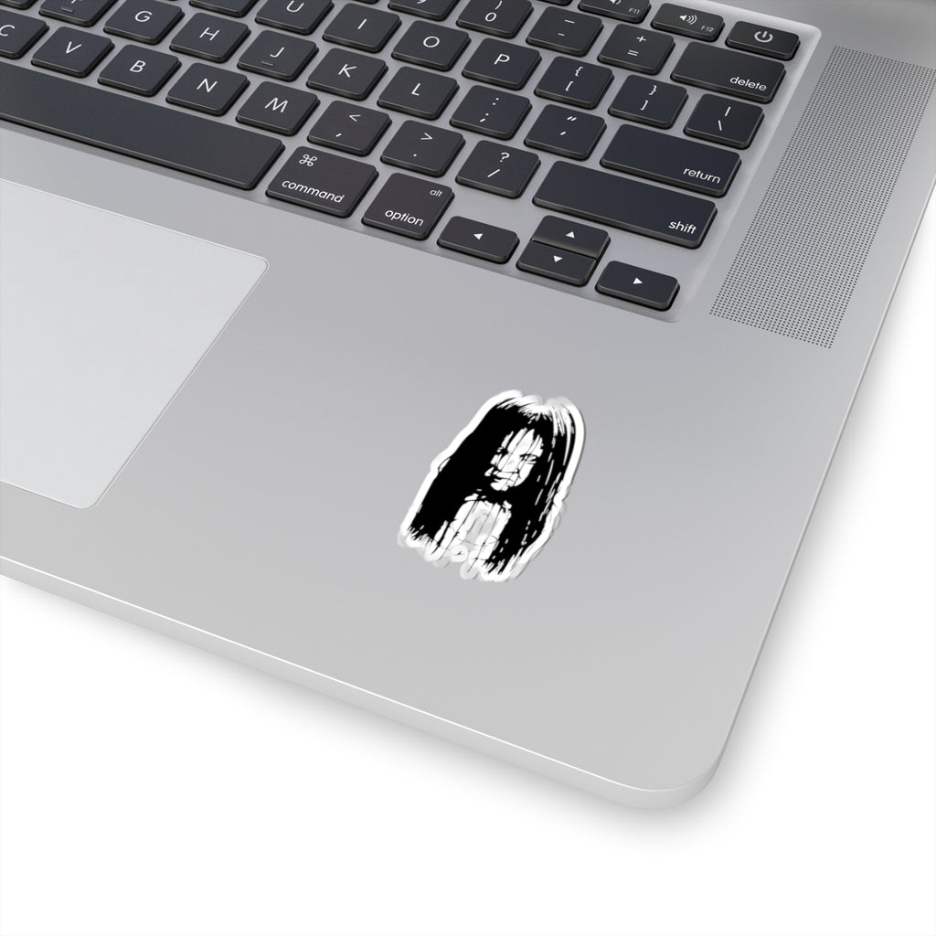 Creepy Girl Horror Sticker — Scary Black & White Kiss-Cut Decal for Laptops, Skateboards & Halloween