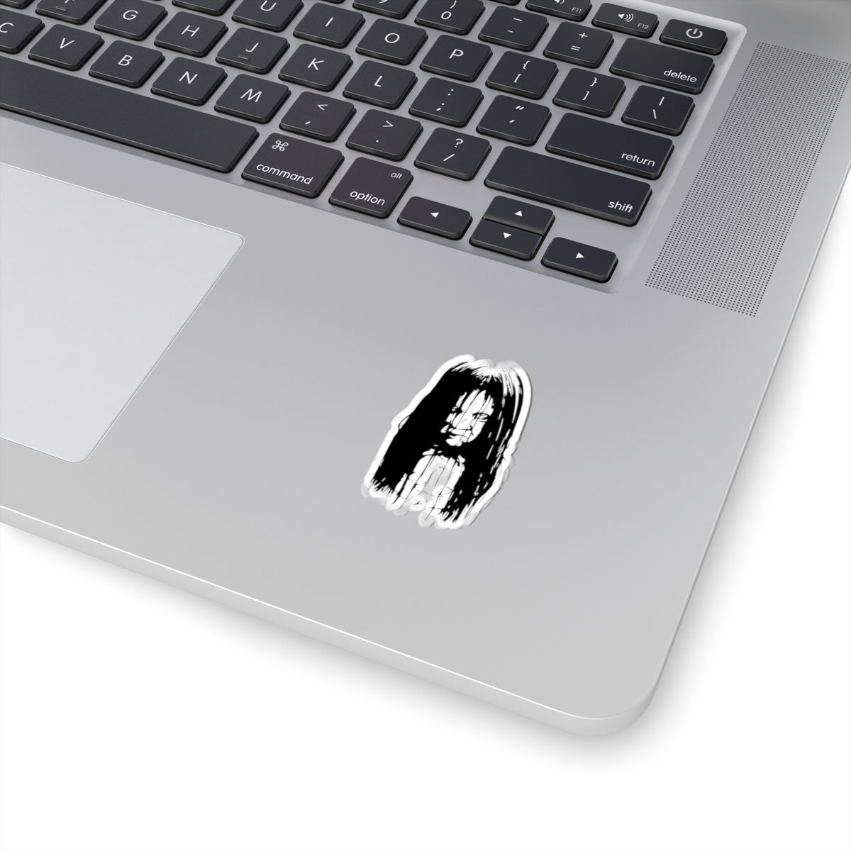 Creepy Girl Horror Sticker — Scary Black & White Kiss-Cut Decal for Laptops, Skateboards & Halloween