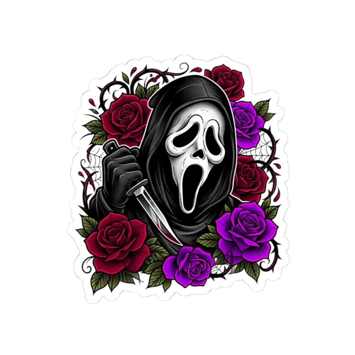 Sticker — Scream Mask Knife with Red & Purple Roses Kiss-Cut Sticker