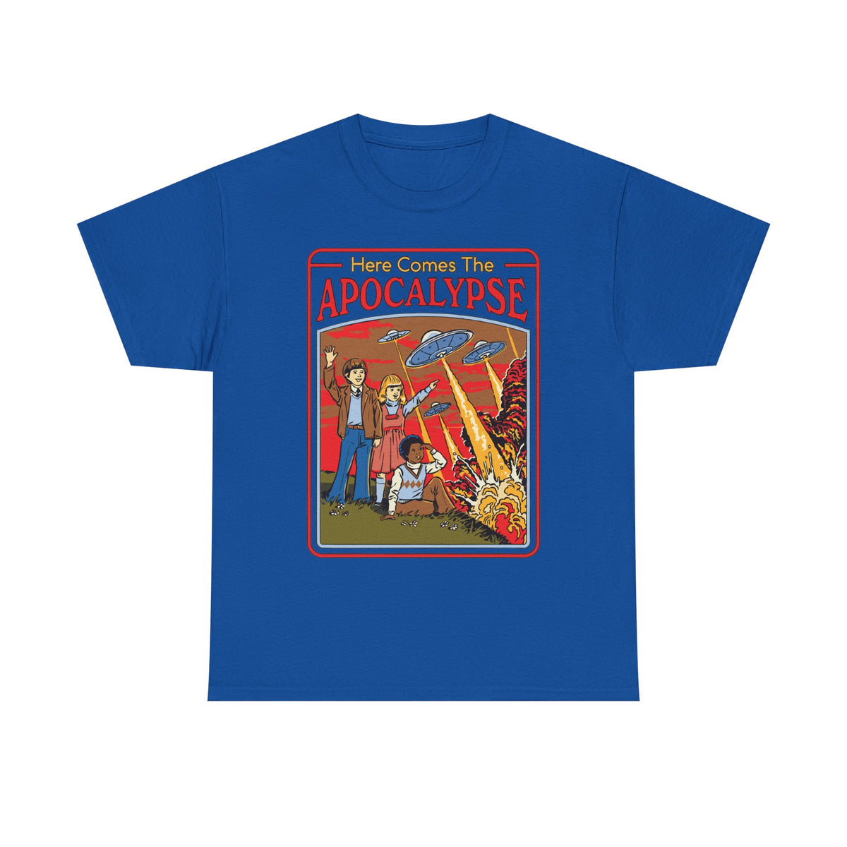 Apocalypse Comic Tee — "Here Comes The Apocalypse" Retro UFO Graphic Shirt