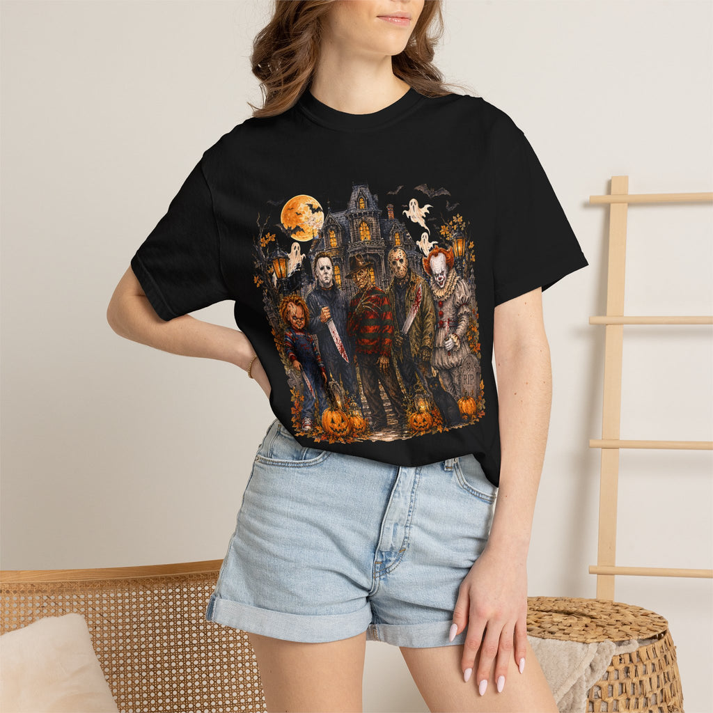 Horror Icons Halloween T-Shirt — Scary Movie Characters Haunted House Design