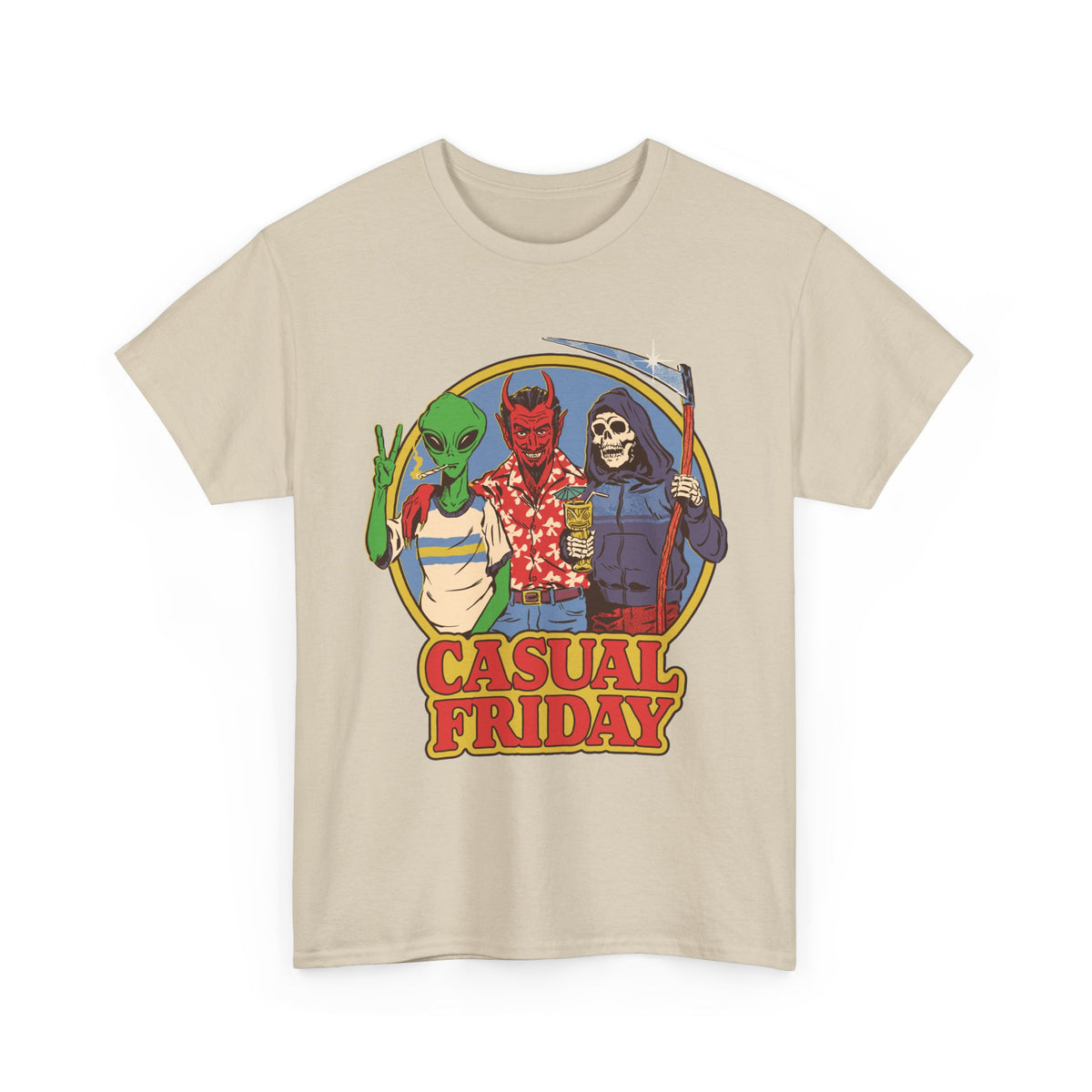Casual Friday Tee — Alien, Devil & Grim Reaper Retro Graphic Shirt