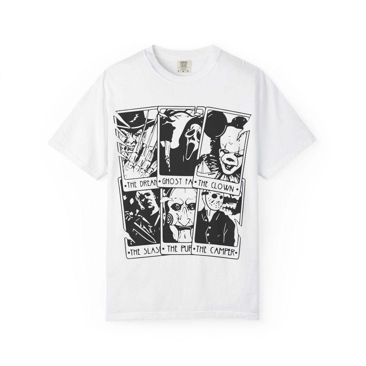 Horror Comic Panel T-Shirt — "The Dream, Ghost, Clown, Slasher, Puppet, Camper" Graphic Tee